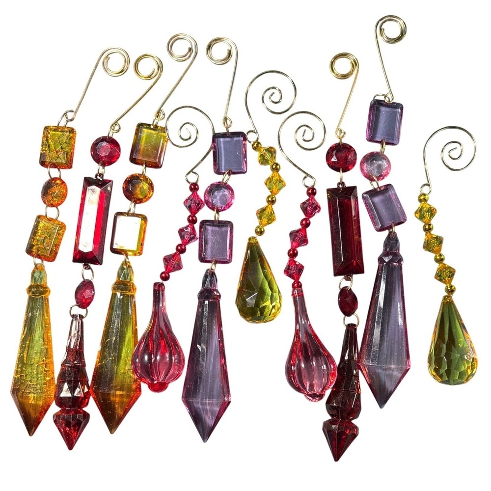 9pc Acrylic Crystal Prism Ornaments Jewel Tone Suncatchers Red Purple‎ Amber